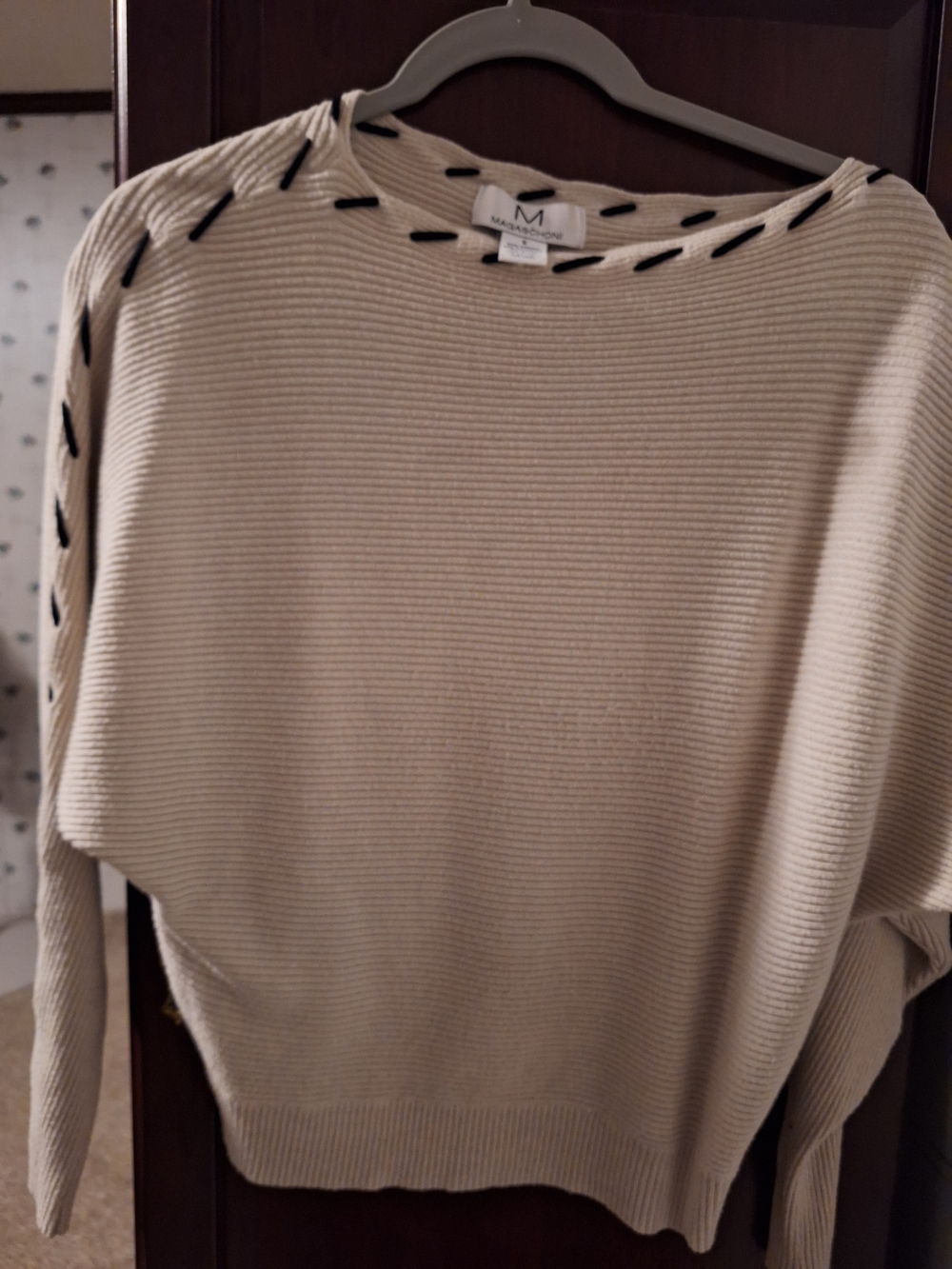 Magaschoni Beige Ribbed Crewneck Sweater with Black Stitch Detail